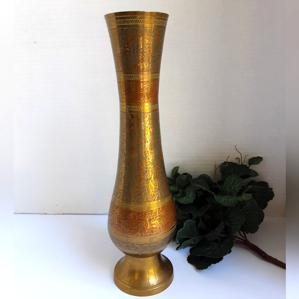 Solid Brass Vase 12" Tall Etched Engraved Enamelled India Vintage Boho Decor